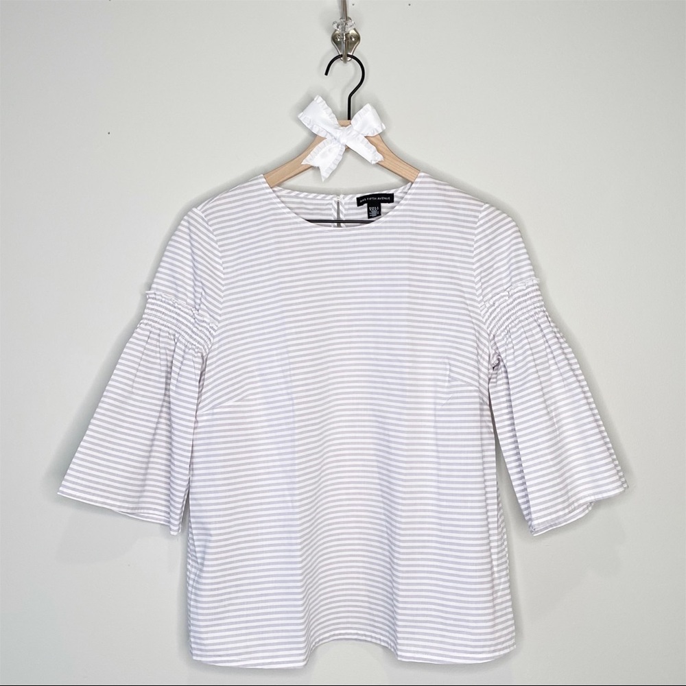 SAKS 5TH AVENUE Grey Striped Smocked Bell Sleeve Top